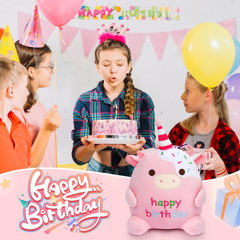Happy Birthday Plush Toy, 8Inch Cute Cow Plush, Cow Stuffed Animals Soft Birthday Plush, Kawaii Cow Plushie Doll Home Party Decoration Birthday Gi...
