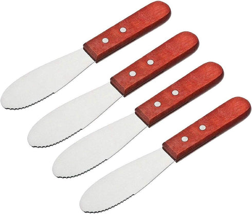 Wall2Wall Stainless Steel Straight Edge Wide Butter Spreader Deluxe Sandwich Cream Cheese Condiment Knives Set Kitchen Tools, Wood Handle, 8” (4)...