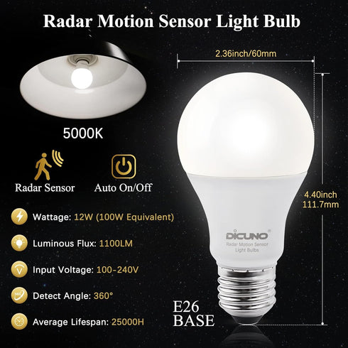 DiCUNO Radar Motion Sensor Light Bulbs Outdoor, 12W (100W Equivalent), Motion Sensor Bulb Auto On/Off, Daylight White 5000K, 1100 LM, A19 E26 Indo...