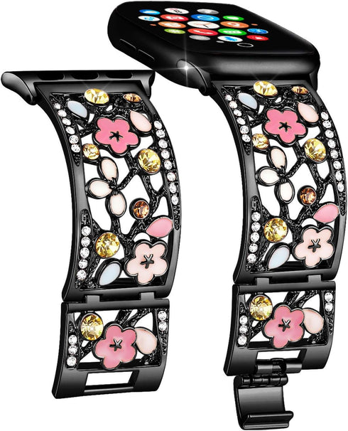 Floral Bracelet Compatible with Apple Watch Band 38mm 40mm 41mm 42mm iWatch Bands Series 10 9 8 7 6 SE,Bling Crystal Hollow Metal Strap,Cute Women...