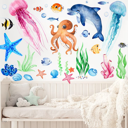 4 Sheets Ocean Fish Wall Decals Stickers Sea Wall Decal Stickers Removable Sea Life Marine Animal Sticker Underwater Ocean Creatures Decor for Kid...