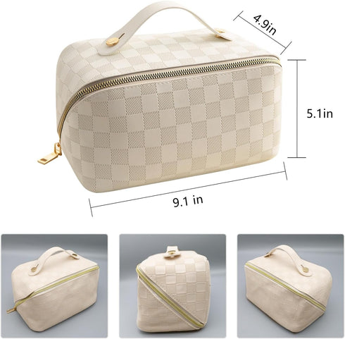 Large Capacity Makeup Bag, Travel Cosmetic Bag, PU Leather Makeup Pouches for Women, Waterproof Portable Large Wide-open Pouch with Divider and Ha...