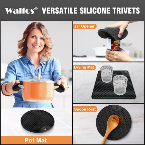 Walfos Silicone Trivet Mats - 4 Heat Resistant Pot Holders, Multipurpose Non-Slip Hot Pads for Kitchen Potholders, Hot Dishers, Jar Opener, Spoon ...