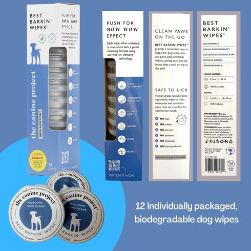 Best BARKIN' Wipes with Free Mesh Bag, Dog Wipes for Paws Ears and Butt, Micellar Aloe Scented Travel Friendly Puppy Wipes (12-Pack)...