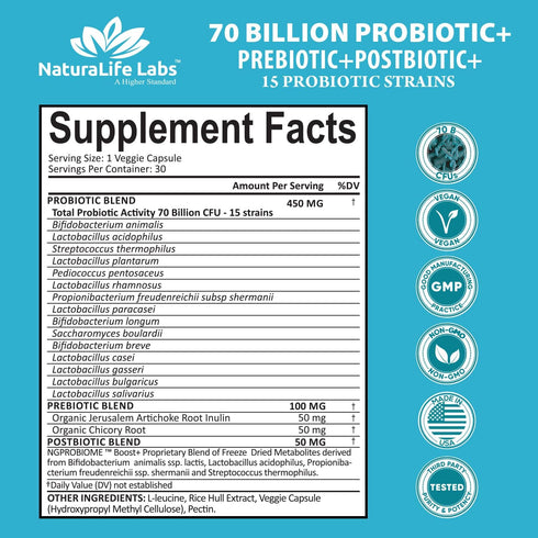 Probiotics 70 Billion CFU – 15 Probiotic strains + Organic Prebiotic+ Postbiotic 3-in-1 Complete – Promotes Healthy Digestive & Immune Function –G...