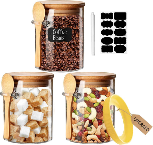 Spice Jars, Overnight Oats Containers with Airtight Lid and Spoon, Decorative Kitchen Canisters Set, Glass Storage Containers for Coffee, Tea, Sug...