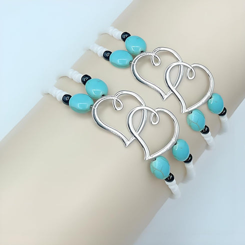 Elastic Beaded Ankle Bracelet for Women Double Layered Beaded Anklet Silver Hearts Stretch Anklet Boho Colorful Beach Anklets Cute Heart Foot Jewe...