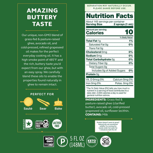 4th & Heart Original Ghee Oil Non-Stick Cooking Spray, Made with Grass-Fed, Pasture-Raised Ghee, Keto, Lactose-Free, Certified Paleo Baking Spray ...