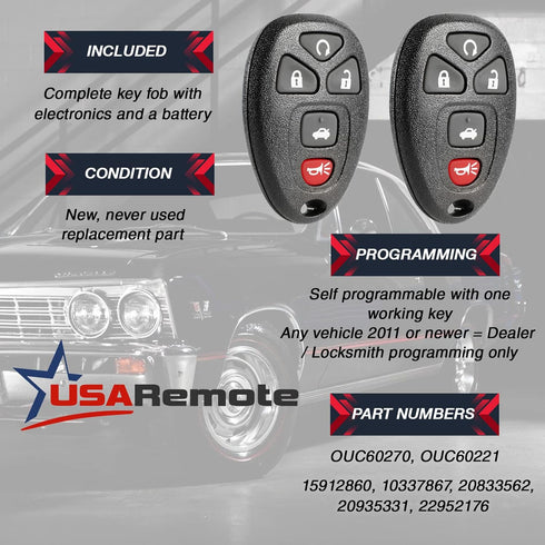 Car Key Fob Keyless Entry Remote fits Chevy Impala Monte Carlo/Cadillac DTS/Buick Lucerne (OUC60270, OUC60221), Set of 2...