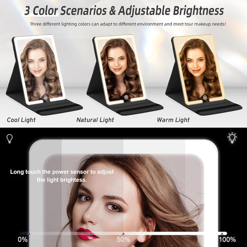 Lighted Travel Makeup Mirror with Round 10X & 20X Magnifying Mirror, PU Leather Vanity Mirror with Lights with 2000mAh Battery, LED Tabletop Cosme...