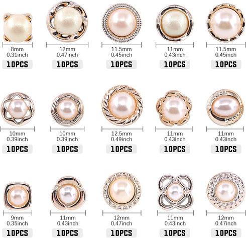 Swpeet 150Pcs 15 Types Beautifu Sew in Faux Pearl Buttons Sewing Crafts with Shank Cover Up Buttons for Clothes Shirts Suits Coats Sweaters Storag...