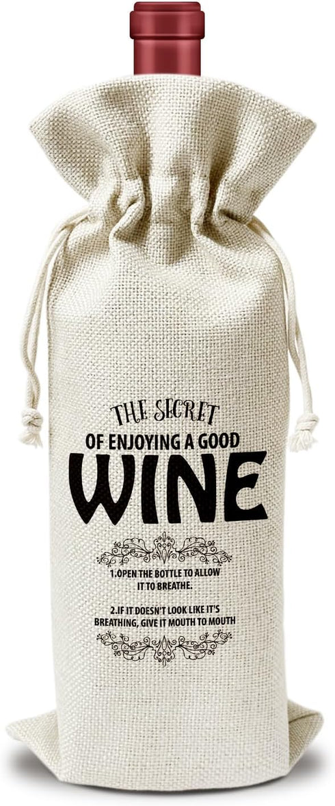 The Secret Of Enjoying Good Wine Linen Wine Bags Gift, Drawstring Wine Bottles Bags Gift for Women Men Her Him Friend Boss Coworker Teacher Mom Da...