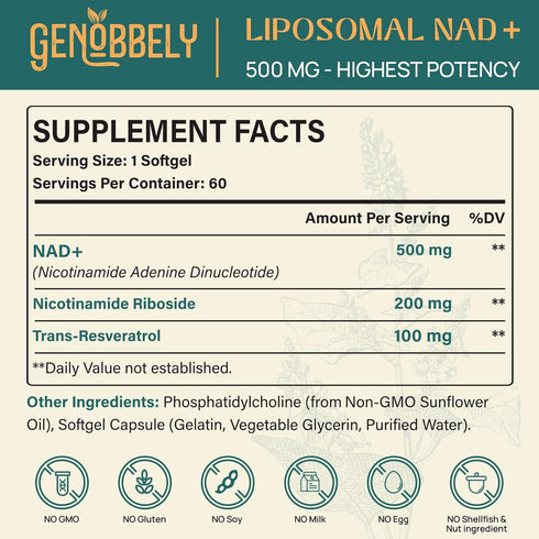 GENOBBELY 800 mg Liposomal NAD+ Supplement with Nicotinamide Riboside 200 mg, Trans-Resveratrol 100 mg - True NAD Supplement for DNA Repair, Healt...