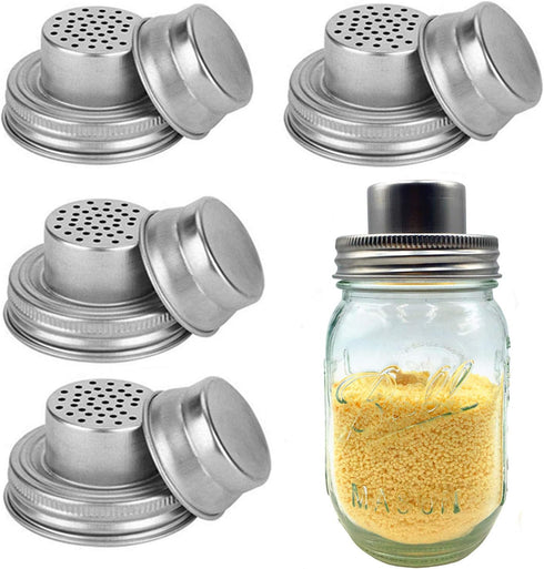 4 Pack Stainless Steel Mason Jar Shaker Lids with Silicone Seals for Dredge Flour,Mix Spices,Sugar, Salt, Peppers and Any Regular Mouth Mason Jar ...