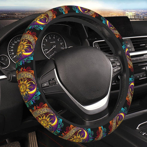 Sun with Moon Elastic Steering Wheel Cover for Women Men, Universal 15 Inch Anti Slip Auto Car Wrap Cover...