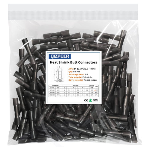 100 Pcs Black Heat Shrink Butt Connectors, 14-12 AWG Marine Grade Heat Shrink Wire Connectors, Tinned Copper, Waterproof Insulated Crimp Butt Spli...