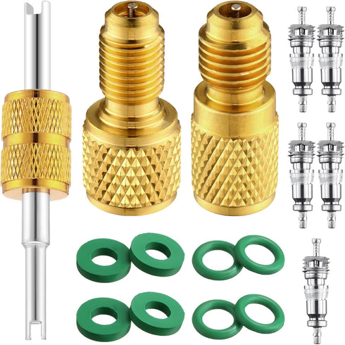 15 Pcs R134a Refrigerant Tank Adapters 1/4" to 1/2" R134a 1/2" to 1/4" Brass Adapter Connector R134a Adapter with Valve Core Washer Gasket Valve C...
