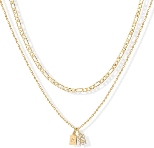 PAVOI 14K Gold Plated Initial Letter Double Dog Tag Pendant Necklace | Dainty Cubic Zirconia Letter Tag Round Box Chain Necklaces for Women...