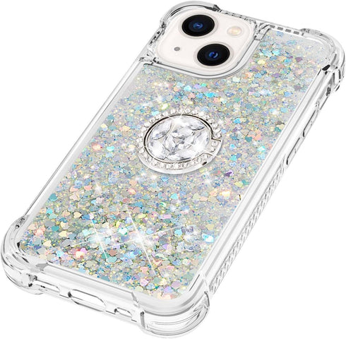CCSmall Glitter Clear Sparkly Bling Case for Apple iPhone 15, Flowing Liquid Quicksand Cover with Diamond Ring Holder Case for iPhone 15 LSZ Silve...