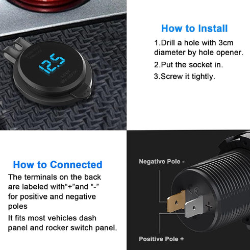 Quick Charge 3.0 12V USB Outlet, 36W Dual USB Car Charger Socket with Power Switch LED Voltmeter, Waterproof Marine Cigarette Lighter Adapter for ...