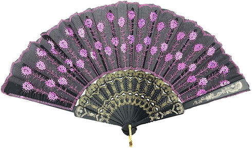 INNOLIFE Elegant Colorful Embroidered Flower Peacock Pattern Sequin Fabric Folding Handheld Hand Fan Hand-Crafted (Full Set - 6pcs Mixed Colors)...