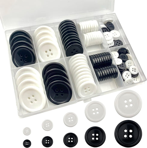 162 PCS Mixed Resin Sewing Buttons, Eco-Friendly 1 inch Buttons with Compartmentalized Storage Box Black Buttons, 4 Holes 5 Sizes DIY White Button...