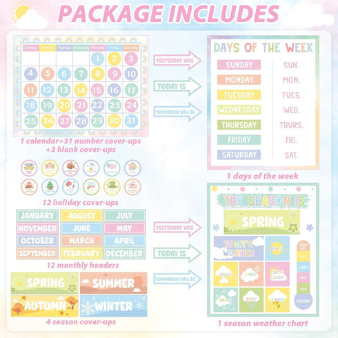Classroom Calendar Bulletin Board Pastel Calendar Bulletin Board with Seasons Weather Chart CTP Paper-Cuts for Nursery Elementary Middle School Cl...