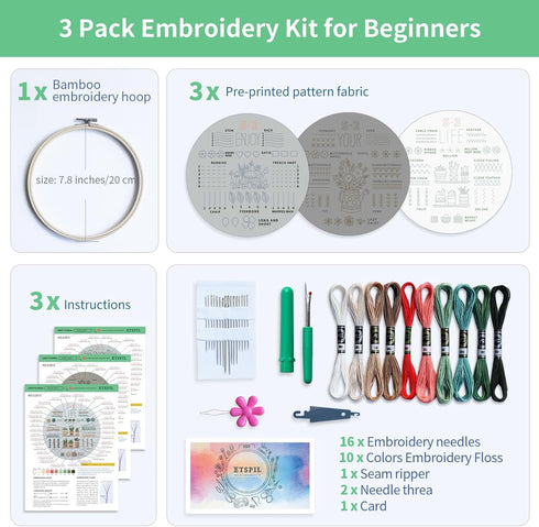 ETSPIL 3 Sets Embroidery kit for Beginners Adults?Learn 33 Different Stitches DIY Kits ?includes Stamped Flower Pattern, Hoop, Color Threads,Tools...