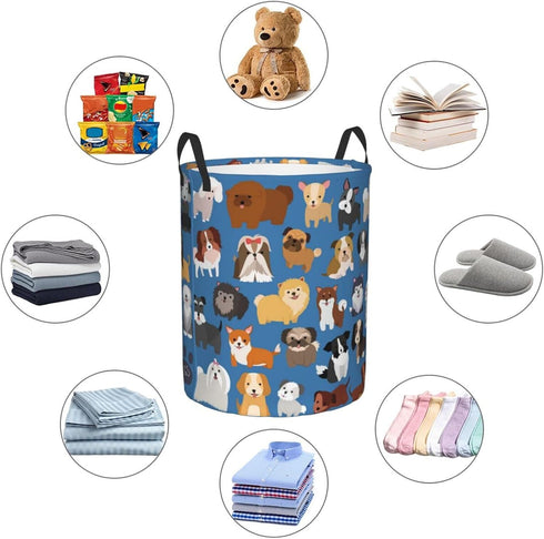 Cute Dogs Blue Round Laundry Hamper Storage Basket Toys Clothes Organizer Bin For Home Bathroom Bedroom Dorm Nursery, 38l...