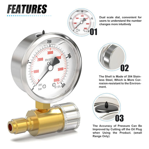 MEANLIN MEASURE 0~6000Psi Pressure Washer Pressure Gauge, 3/8 Inch Quick Connect, 2.5" FACE DIAL Stainless Steel Liquid Filled Pressure Gauge for ...