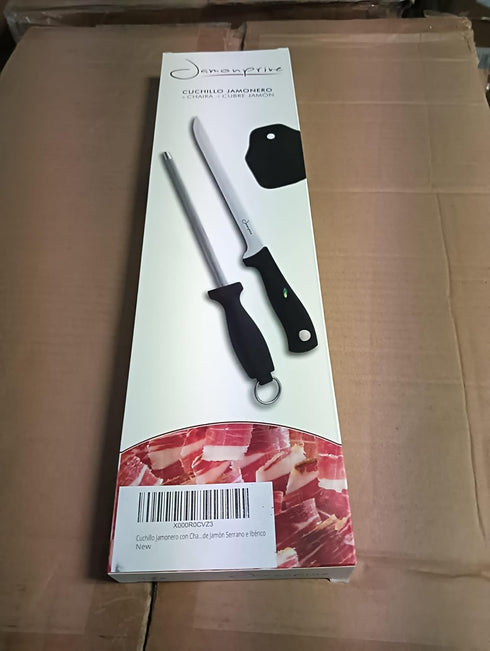 Ham Carving Knife with Honing Steel and Ham Cover - Professional Set for Slicing Serrano, Ibérico Ham & Italian Prosciutto...
