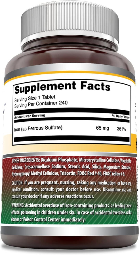 Amazing Formulas Iron as Ferrous Sulfate Supplement | 65 Mg | 240 Tablets | Non-GMO | Gluten Free | Made in USA...