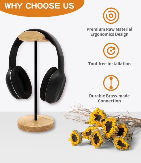 Headphone Stand Nature Wood & Aluminum Headset Hanger Mount Hook Gaming Holder Desktop Earphone Artful Functional Craftmanship Stand for All Heads...