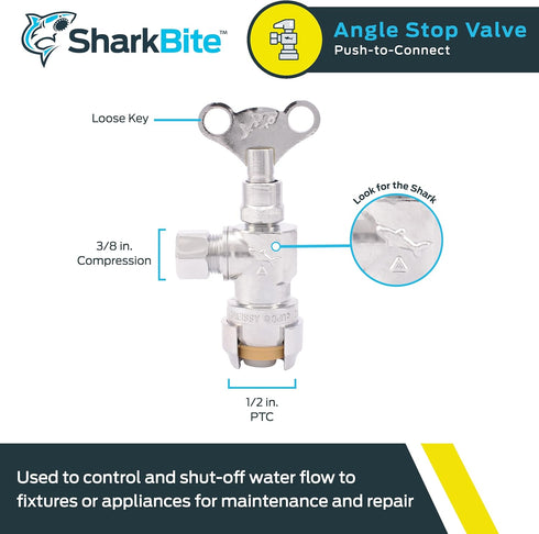 SharkBite 1/2 x 3/8 Inch Compression Angle Stop Valve, Loose Key Quarter Turn, Push to Connect Brass Plumbing Fitting, Chrome Finish, PEX Pipe, Co...
