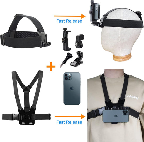 Mobile Phone Chest Strap Mount Harness and Head Strap Holder Kit for VLOG/POV Phone Holder Compatible with iPhone, Samsung, Google and GoPro, AKAS...