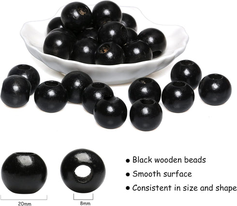 Black Wooden Macrame Beads 20mm with 8mm Large Hole, Wood Spacer Beads, Natural Round Ball Farmhouse Wooden Loose Beads for Bead Crafts Making Hom...