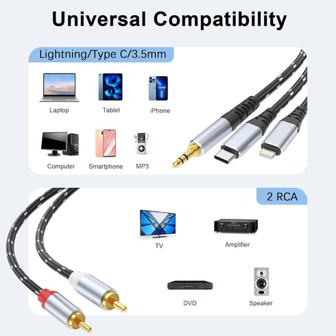 3.5mm to RCA Cable, Lightning to RCA Male to Aux Audio Adapter HiFi Sound Headphone Jack Adapter,(3 in 1 Audio Cable) Connector for iPhone/iPad Sp...