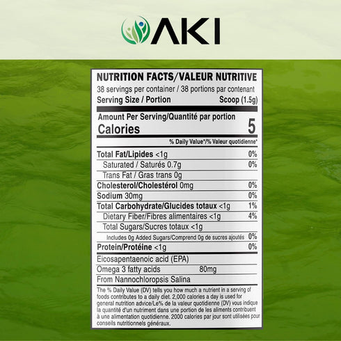 AKI Marine Phytoplankton Powder | Source of Raw Omega-3 EPA Micro Algae Nannochloropsis - Plant Based Proteins, Vitamins for Overall Wellness | Co...