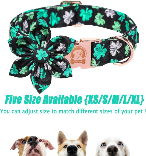 MR. CHUBBYFACE St.Patrick's Day Clover Dog Collar, Whit Green Clovers Adjustable Dog Collar with Flower Tie for Small Medium Large Dogs,XL...