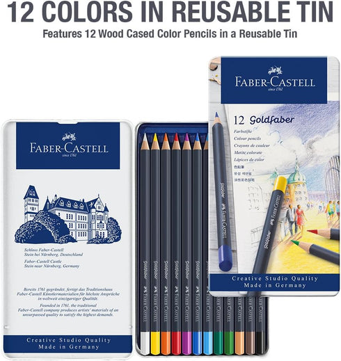Faber-Castell Creative Studio Goldfaber Wood Cased Color Pencils - Tin of 12 Colors...