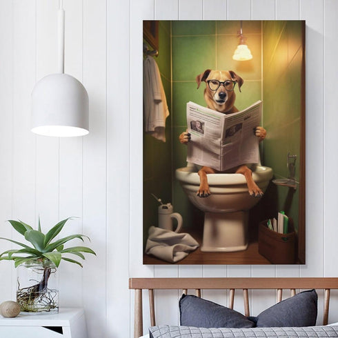 FireDeer Funny Bathroom Canvas Wall Art Dog Animal Reading the Newspaper On Toilet Poster Humor Painting Canvas Prints Modern Aesthetic Picture Fa...