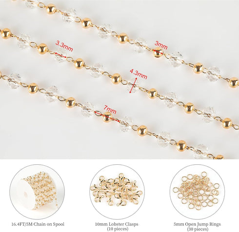 KYUNHOO 16.4 Feet Gold Plated Brass Beaded Jewelry Chain Bulk Clear Glass Crystal Necklace Chain for Women Jewelry Making Supplies Findings...
