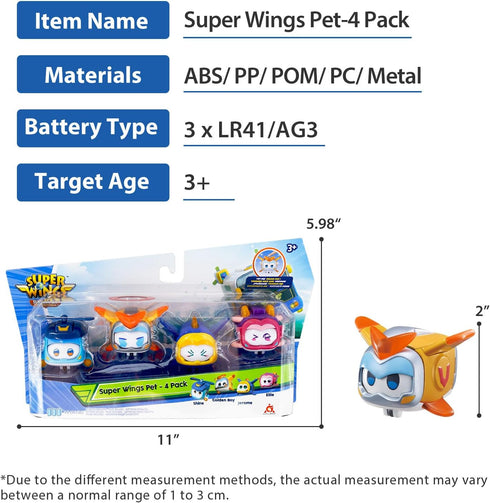 Super Wings Super Pets 4-Pack Collection Super Pets Jerome, Golden Boy, Shine, Ellie, Vehicle Action Figure, with Light Effect and Change Emotion ...