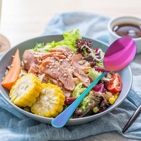 4 Pieces Colorful Serving Spoons Set, Include 2 Large Serving Spoon And 2 Slotted Spoons, Rainbow Color Style Stainless Steel Serving Utensils for...