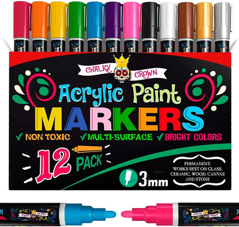 CHALKY CROWN - 3mm Acrylic Paint Markers, Acrylic Paint Pens for Rock Painting, Stone, Ceramic, Glass, Wood - Paint Pens and Acrylic Markers, Acry...