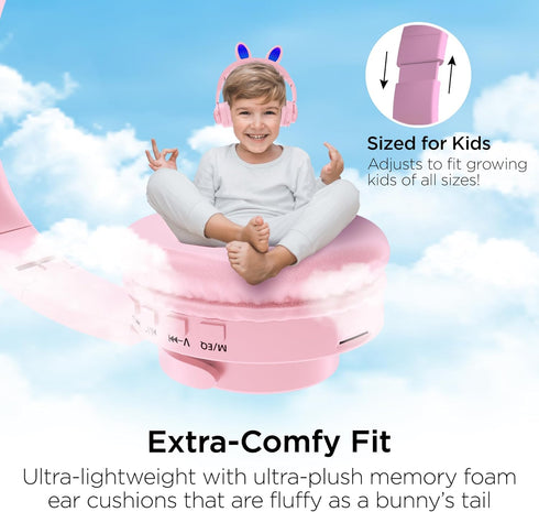 HyperGear Bunny Ears Bluetooth Wireless Headphones - Kids Portable/Foldable LED Light Up Over Ear Headset w/Built-in Mic & Controls for iPhone, iP...