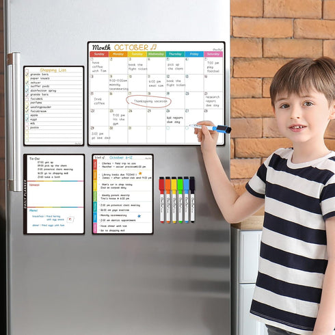 CLEVER CLEAN Magnetic Dry Erase Monthly Calendar Set - 14.5"x11" Monthly Calendar, 6.5"x8.5" Weekly, Daily, List Boards for Fridge - 6 Extra Fine ...