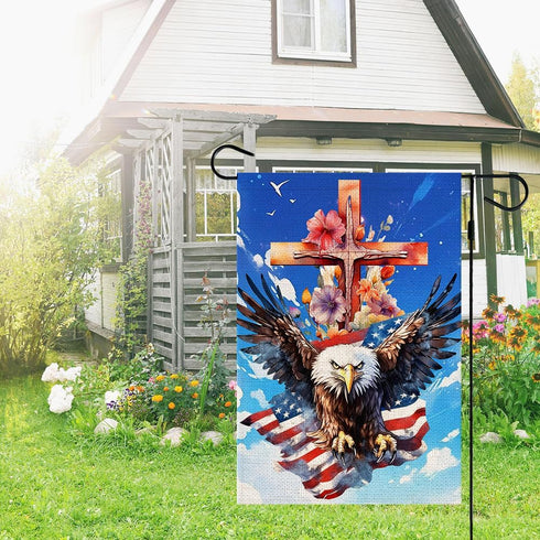 4th of July Patriotic Garden Flag Cross and Eagle Double Sided American Flag Memorial Independence Day Outside Small Yard Decoration (12 x 18 Inch...