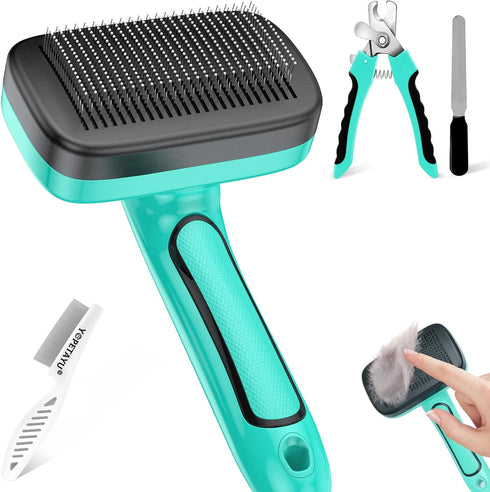 4 in 1 Dog Self-Cleaning Slicker Brush for Shedding & Grooming Long Short Haired Cats, Removes Loose Fur, Undercoat, Mats, Tangled Hair With All H...