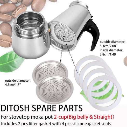 2 Cup Stovetop Espresso Coffee Maker Replacement Parts for Stainless Steel Moka Pot 2 Pcs Filter with 4 Pcs Silicone Gasket Seals...